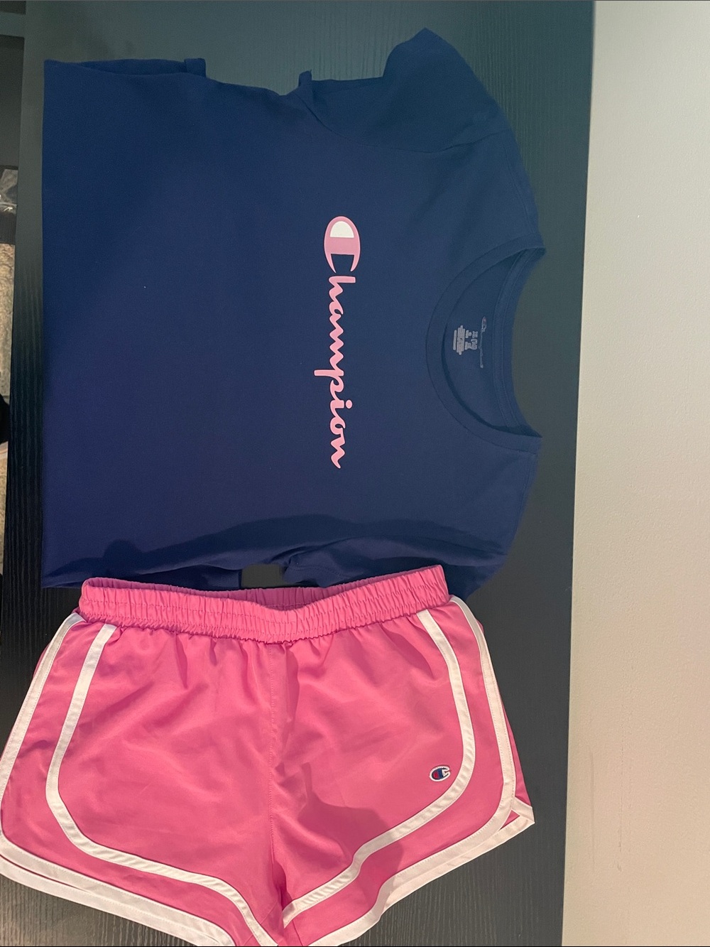 Champion Navy T-Shirt with Pink Logo & Pink Athletic Shorts